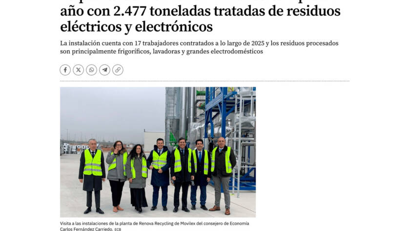 Artículo sobre la planta de Movilex en Miranda de Ebro cumpliendo un año con 2.477 toneladas de RAEE tratadas