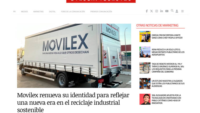 Artículo de Dircomfidencial sobre la renovación de identidad de Movilex para reflejar una nueva era en el reciclaje industrial sostenible