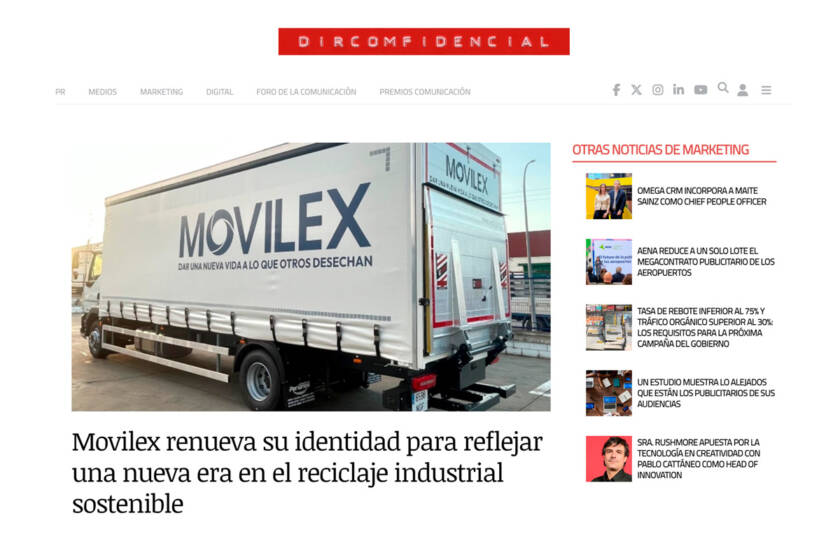 Artículo de Dircomfidencial sobre la renovación de identidad de Movilex para reflejar una nueva era en el reciclaje industrial sostenible